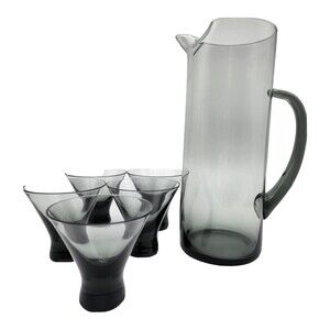 Morgantown Smoke Glass Martini Cocktail Set Pitcher and 5 Glasses VTG MCM